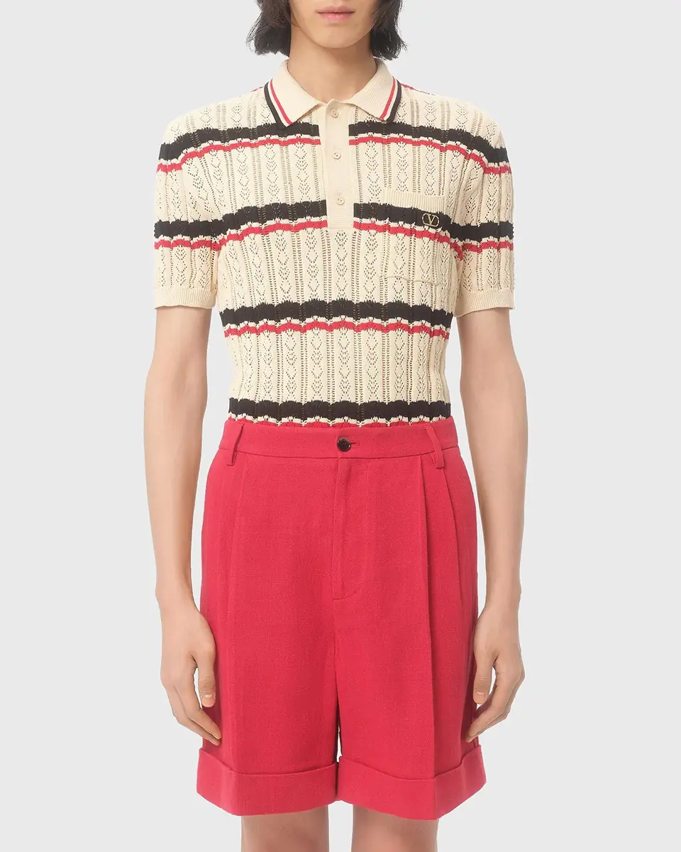 Valentino Garavani Men's Stripe Cotton Eyelet VLogo-Pocket Polo Shirt | Thumbnail 12 Valentino Garavani Men's Stripe Cotton Eyelet VLogo-Pocket Polo Shirt | Thumbnail 12
