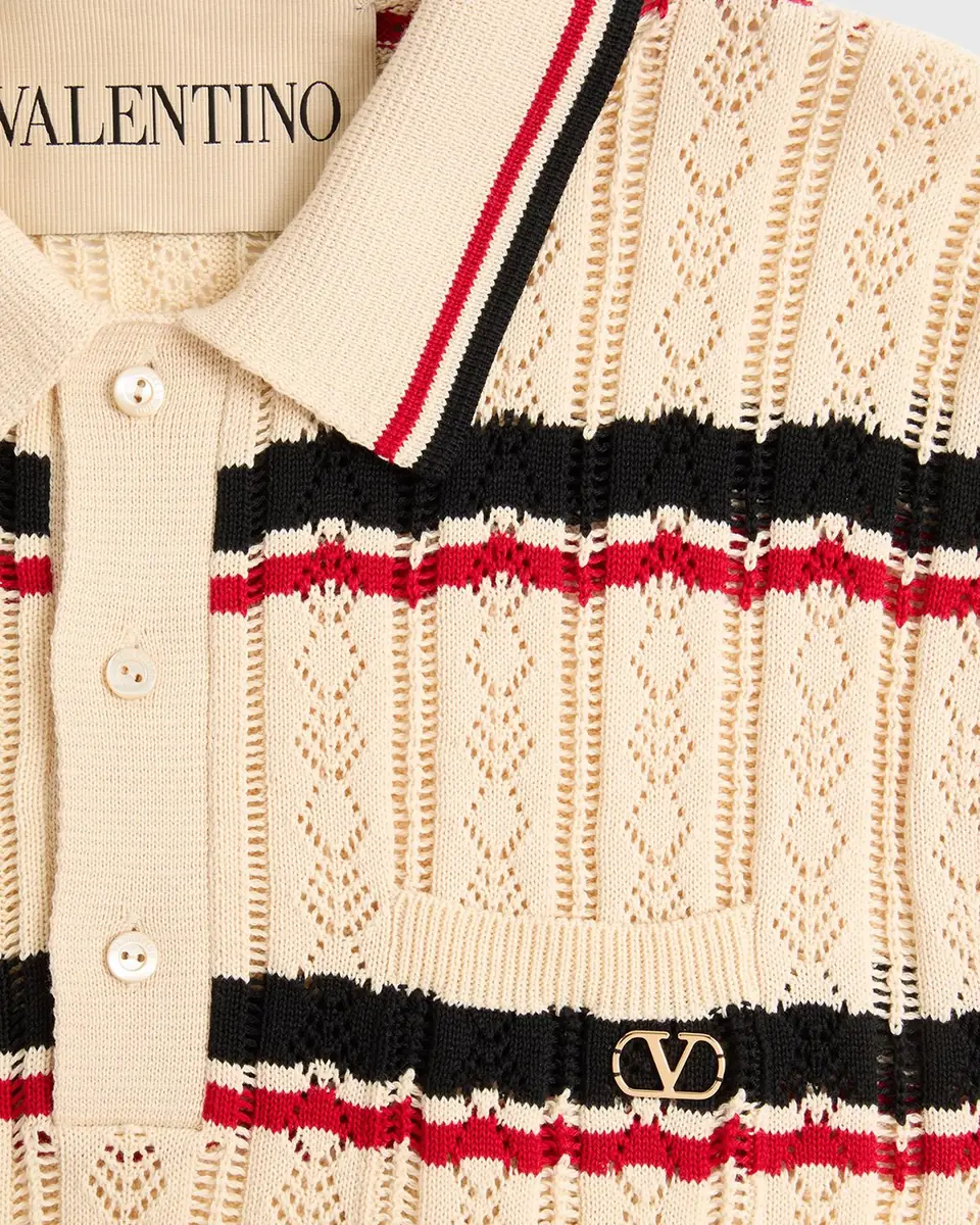 Valentino Garavani Men's Stripe Cotton Eyelet VLogo-Pocket Polo Shirt | Thumbnail 13 Valentino Garavani Men's Stripe Cotton Eyelet VLogo-Pocket Polo Shirt | Thumbnail 13