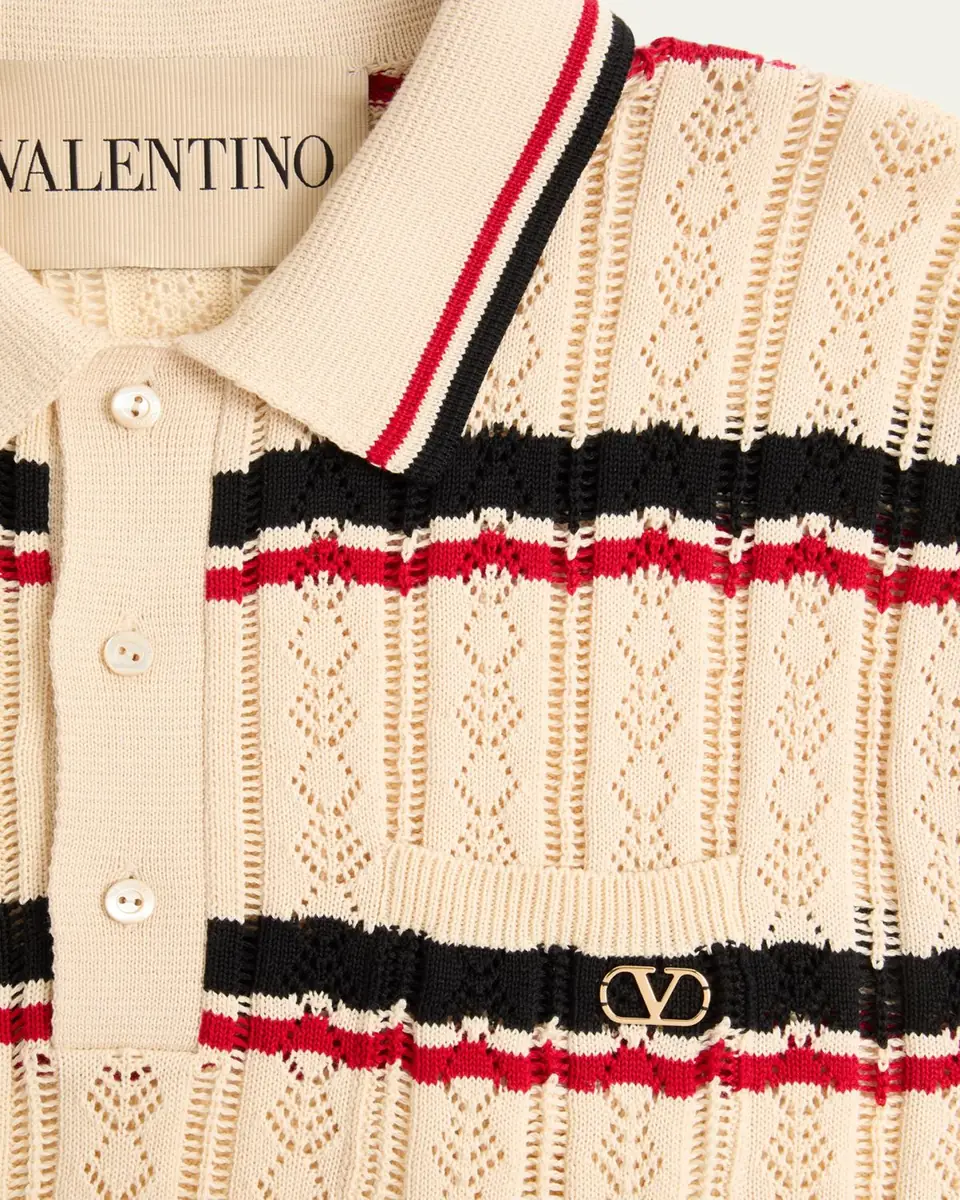 Valentino Garavani Men's Stripe Cotton Eyelet VLogo-Pocket Polo Shirt | Thumbnail 5 Valentino Garavani Men's Stripe Cotton Eyelet VLogo-Pocket Polo Shirt | Thumbnail 5