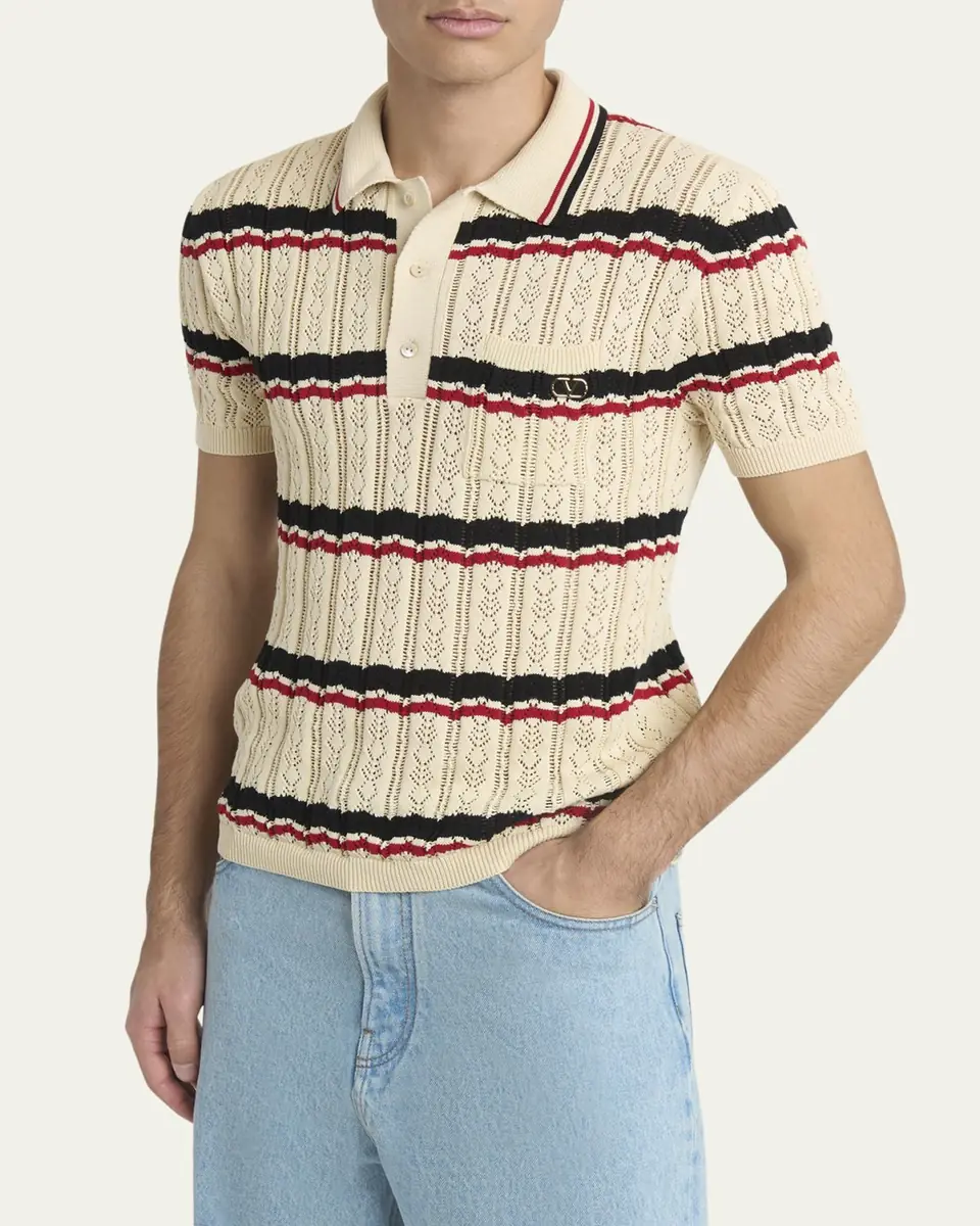Valentino Garavani Men's Stripe Cotton Eyelet VLogo-Pocket Polo Shirt | Thumbnail 8 Valentino Garavani Men's Stripe Cotton Eyelet VLogo-Pocket Polo Shirt | Thumbnail 8