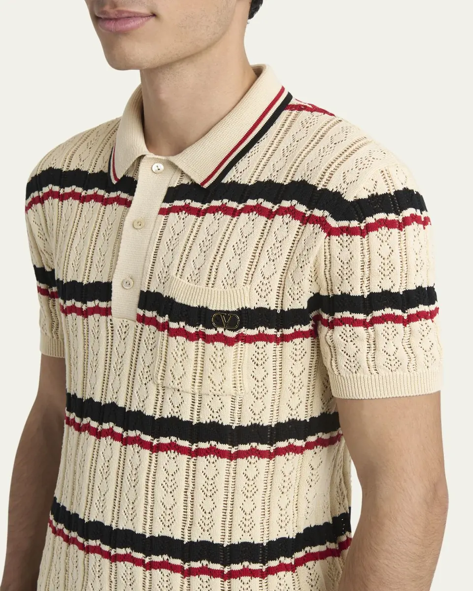 Valentino Garavani Men's Stripe Cotton Eyelet VLogo-Pocket Polo Shirt | Thumbnail 9 Valentino Garavani Men's Stripe Cotton Eyelet VLogo-Pocket Polo Shirt | Thumbnail 9