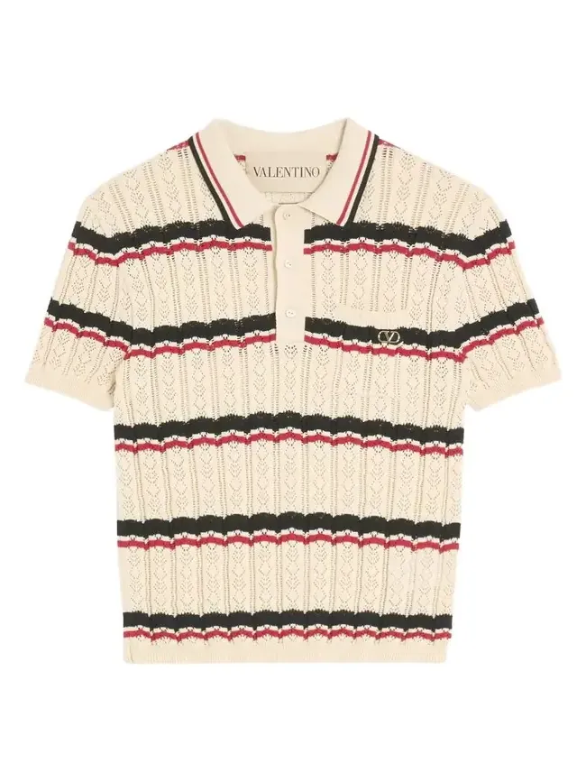 Men's Stripe Cotton Eyelet VLogo-Pocket Polo Shirt Men's Stripe Cotton Eyelet VLogo-Pocket Polo Shirt