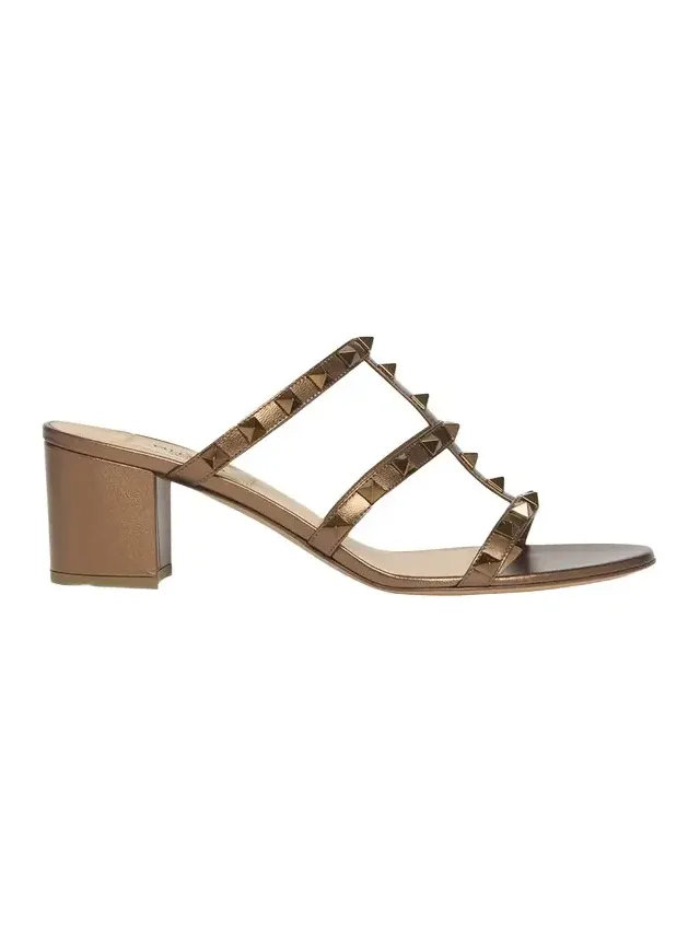 Rockstud Caged Metallic Leather Slide Sandals Rockstud Caged Metallic Leather Slide Sandals