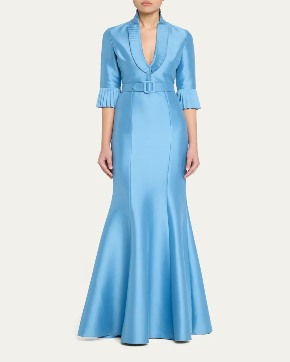 BADGLEY MISCHKA Pleated-Trim Trumpet Mikado Gown | Thumbnail 2 BADGLEY MISCHKA Pleated-Trim Trumpet Mikado Gown | Thumbnail 2
