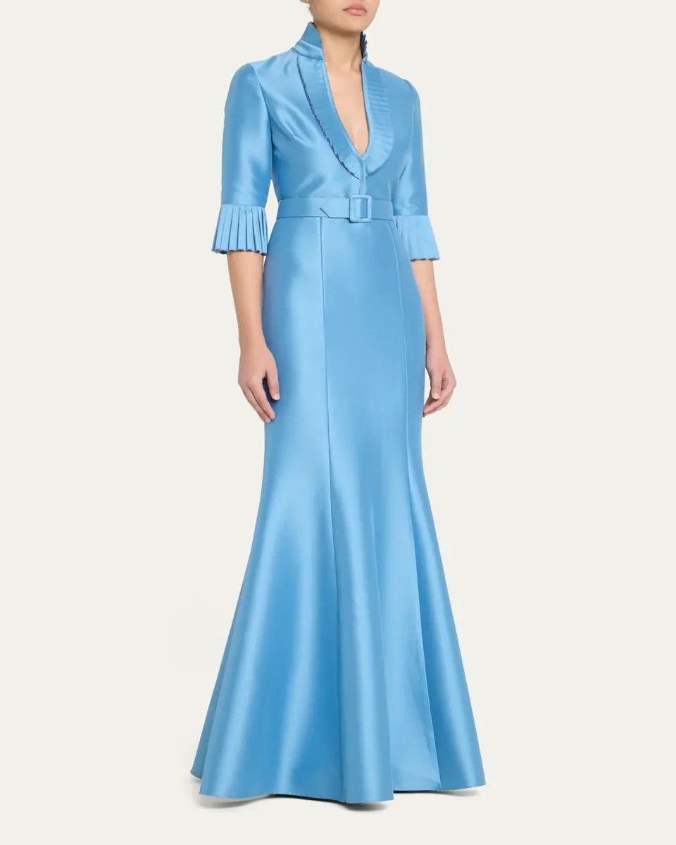 BADGLEY MISCHKA Pleated-Trim Trumpet Mikado Gown | Thumbnail 4 BADGLEY MISCHKA Pleated-Trim Trumpet Mikado Gown | Thumbnail 4
