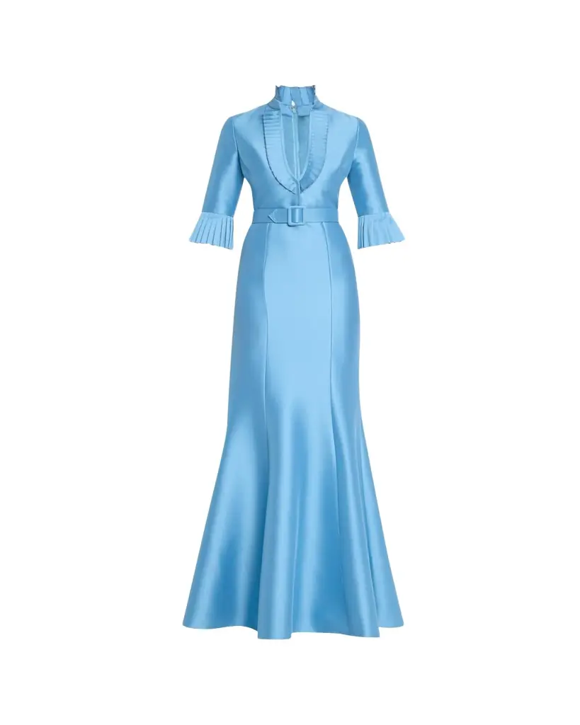 BADGLEY MISCHKA Pleated-Trim Trumpet Mikado Gown