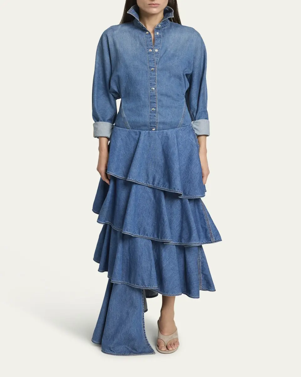 Alaïa Spiral Ruffle Denim Midi Skirt | Thumbnail 6