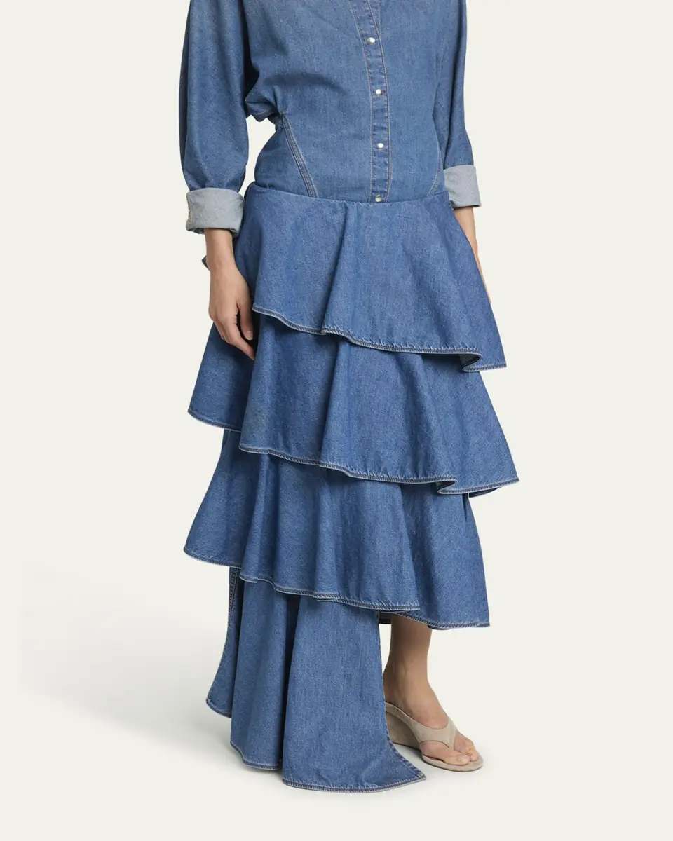 Alaïa Spiral Ruffle Denim Midi Skirt | Thumbnail 8