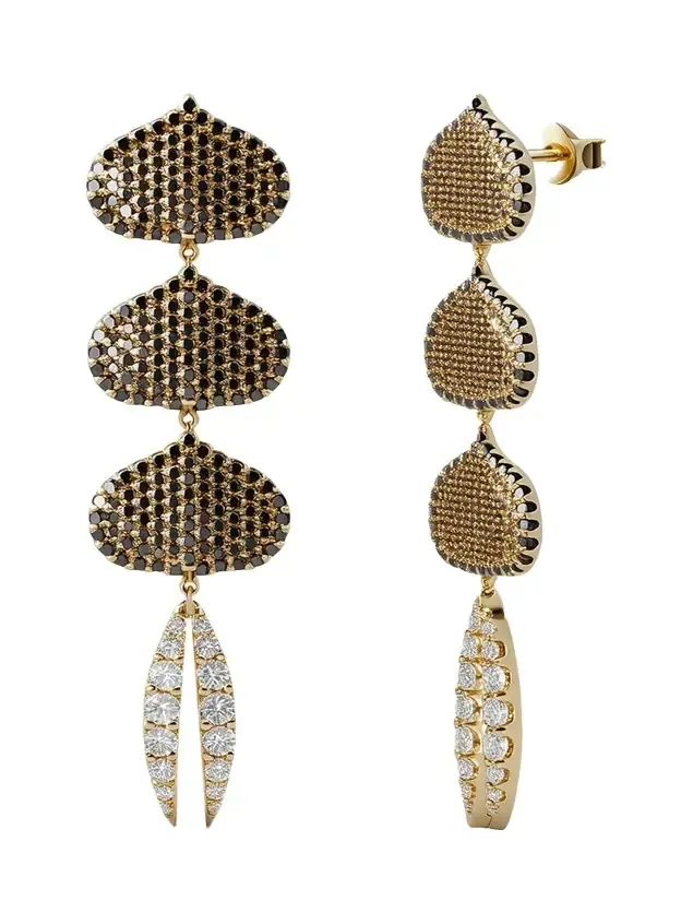 Triple Eye Adore Lotus Black and White Diamond Earrings