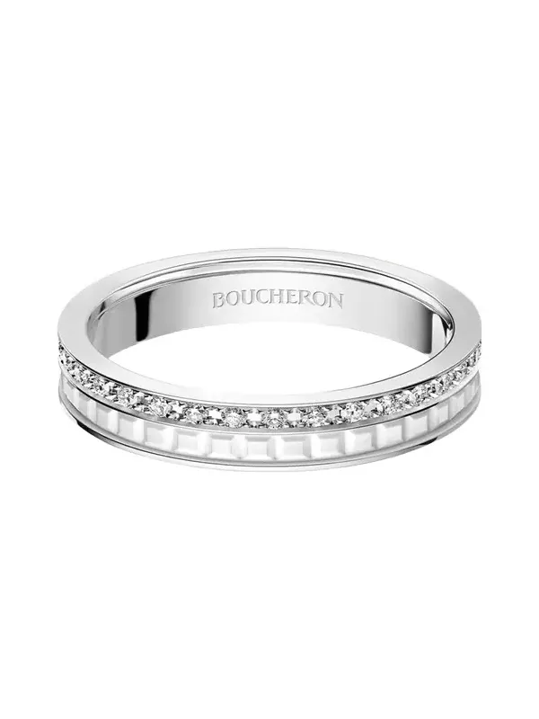 Quatre Double White Edition Wedding Band in 18K White Gold, White Ceramic and Diamonds