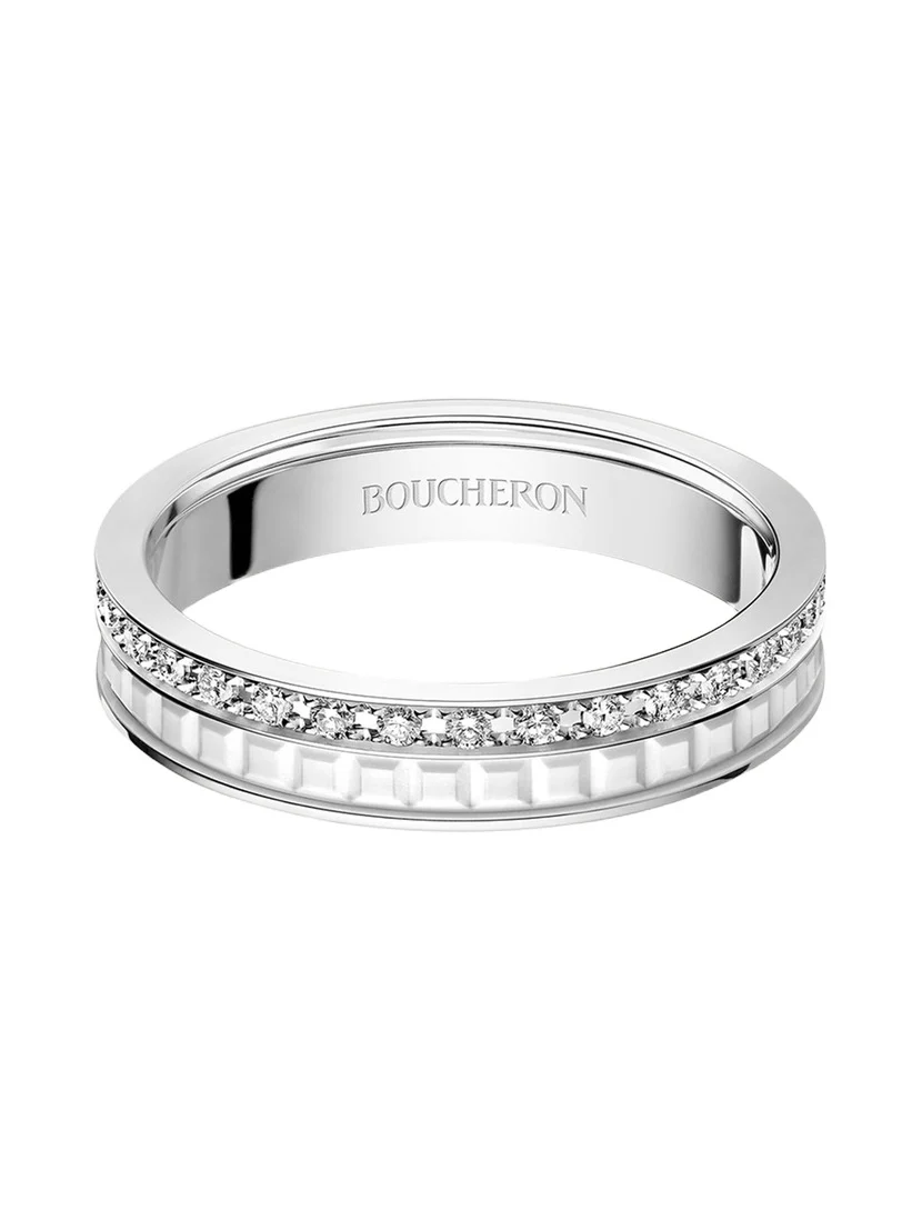 Quatre Double White Edition Wedding Band in 18K White Gold, White Ceramic and Diamonds Quatre Double White Edition Wedding Band in 18K White Gold, White Ceramic and Diamonds