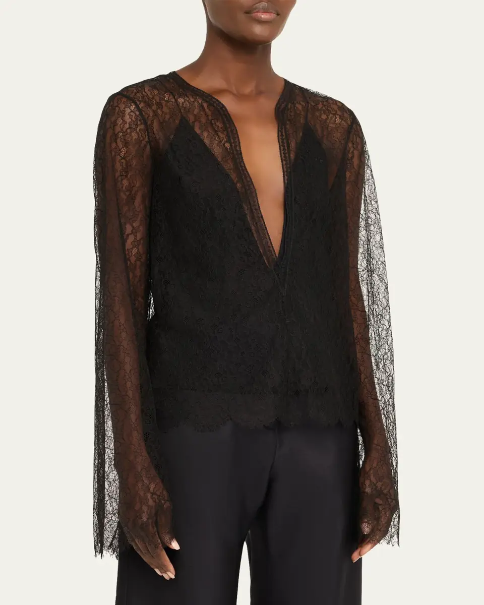 Brandon Maxwell Eloise Plunging Lace Long-Sleeve Top | Thumbnail 2 Brandon Maxwell Eloise Plunging Lace Long-Sleeve Top | Thumbnail 2