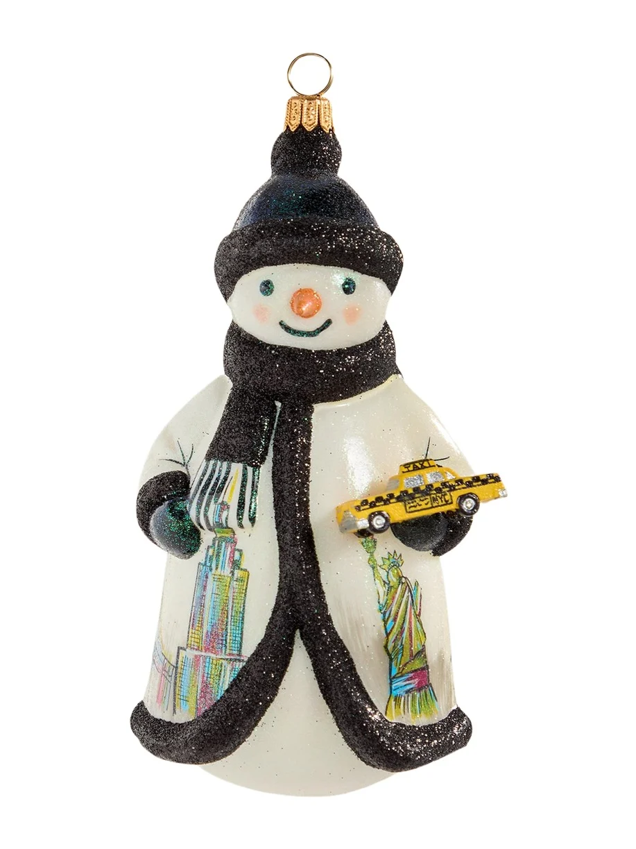 Joy To The World Collectibles New York Snowman Holding a Yellow Taxi Christmas Ornament