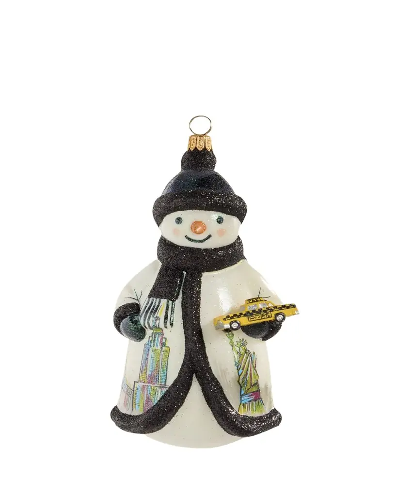 Joy To The World Collectibles New York Snowman Holding a Yellow Taxi Christmas Ornament