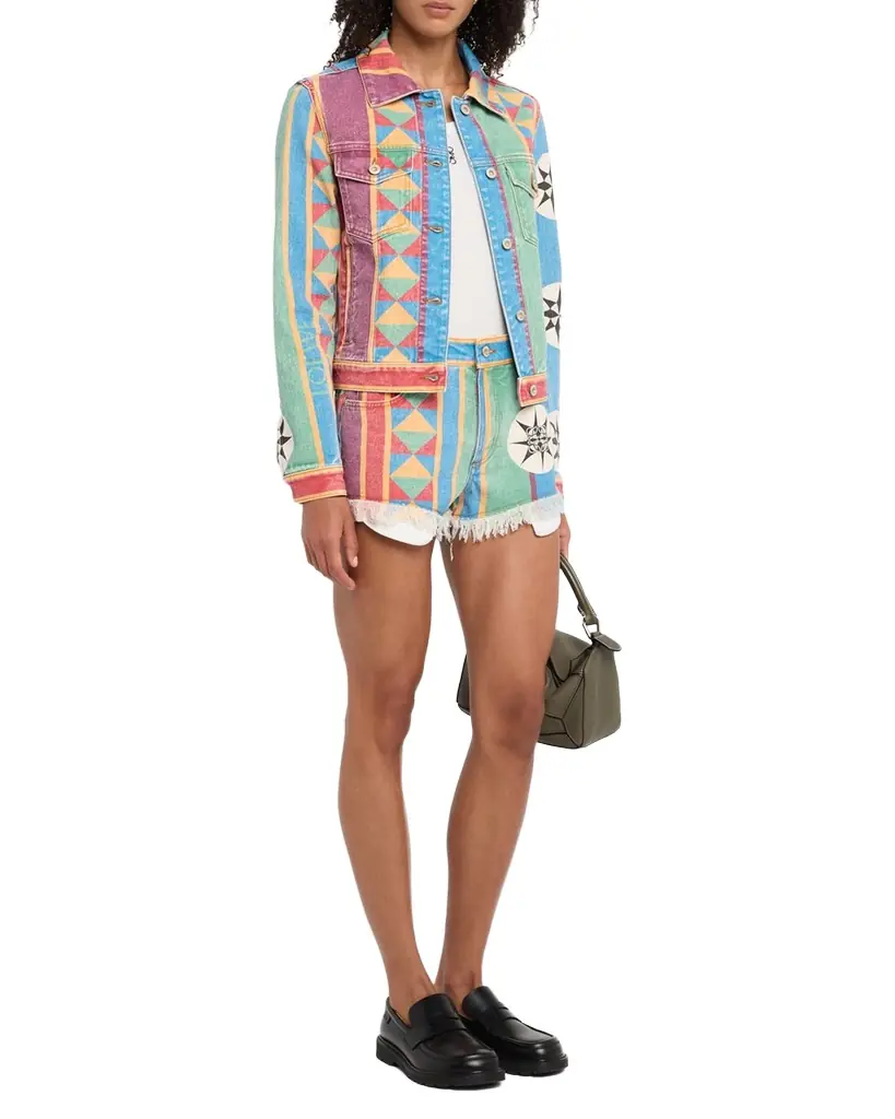 Loewe Geo Print Denim Frayed Peekaboo Shorts | Image 1 Loewe Geo Print Denim Frayed Peekaboo Shorts | Image 1
