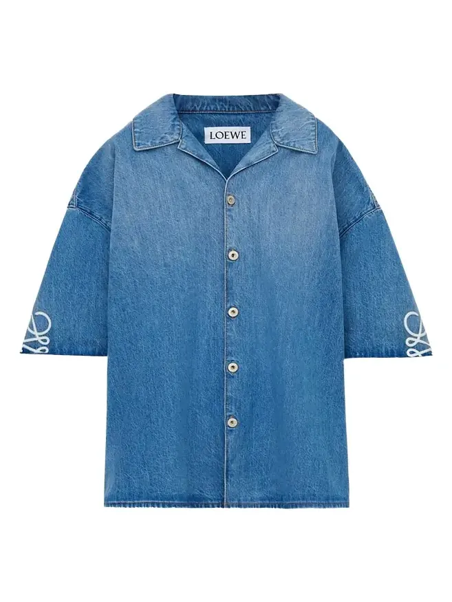 Men's Washed Denim Anagram-Sleeve Camp Shirt