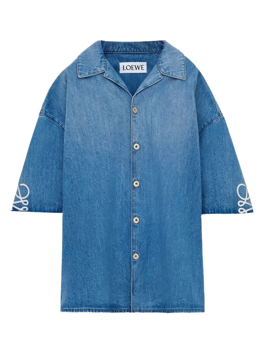 Loewe Men's Washed Denim Anagram-Sleeve Camp Shirt