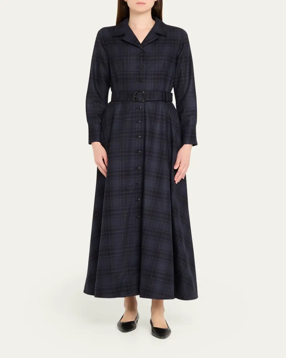 Akris Flannel Plaid Belted Long-Sleeve Maxi Shirtdress | Thumbnail 2