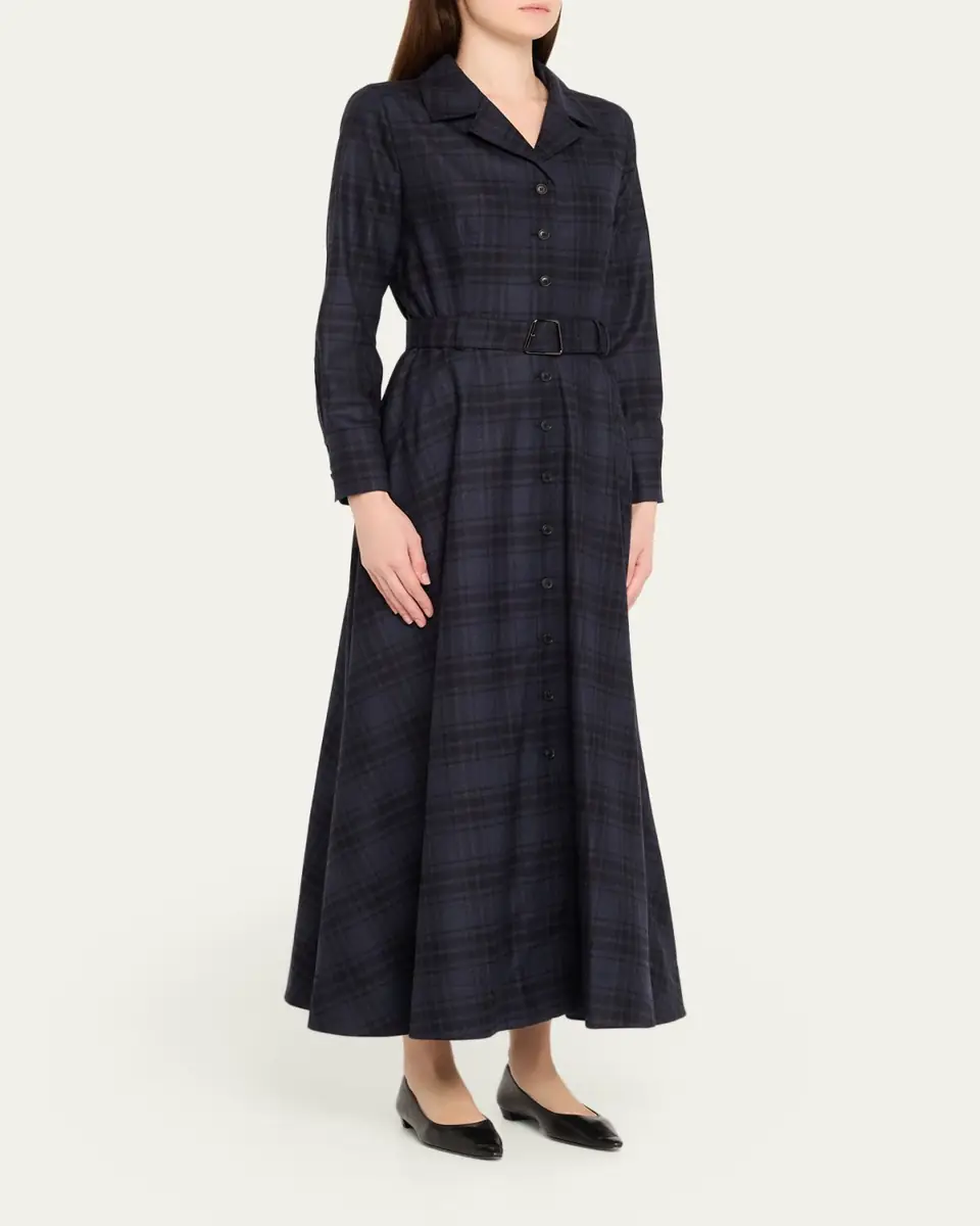 Akris Flannel Plaid Belted Long-Sleeve Maxi Shirtdress | Thumbnail 4