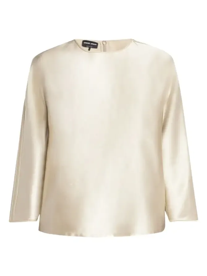 Tonal Piping Long-Sleeve Silk Blouse