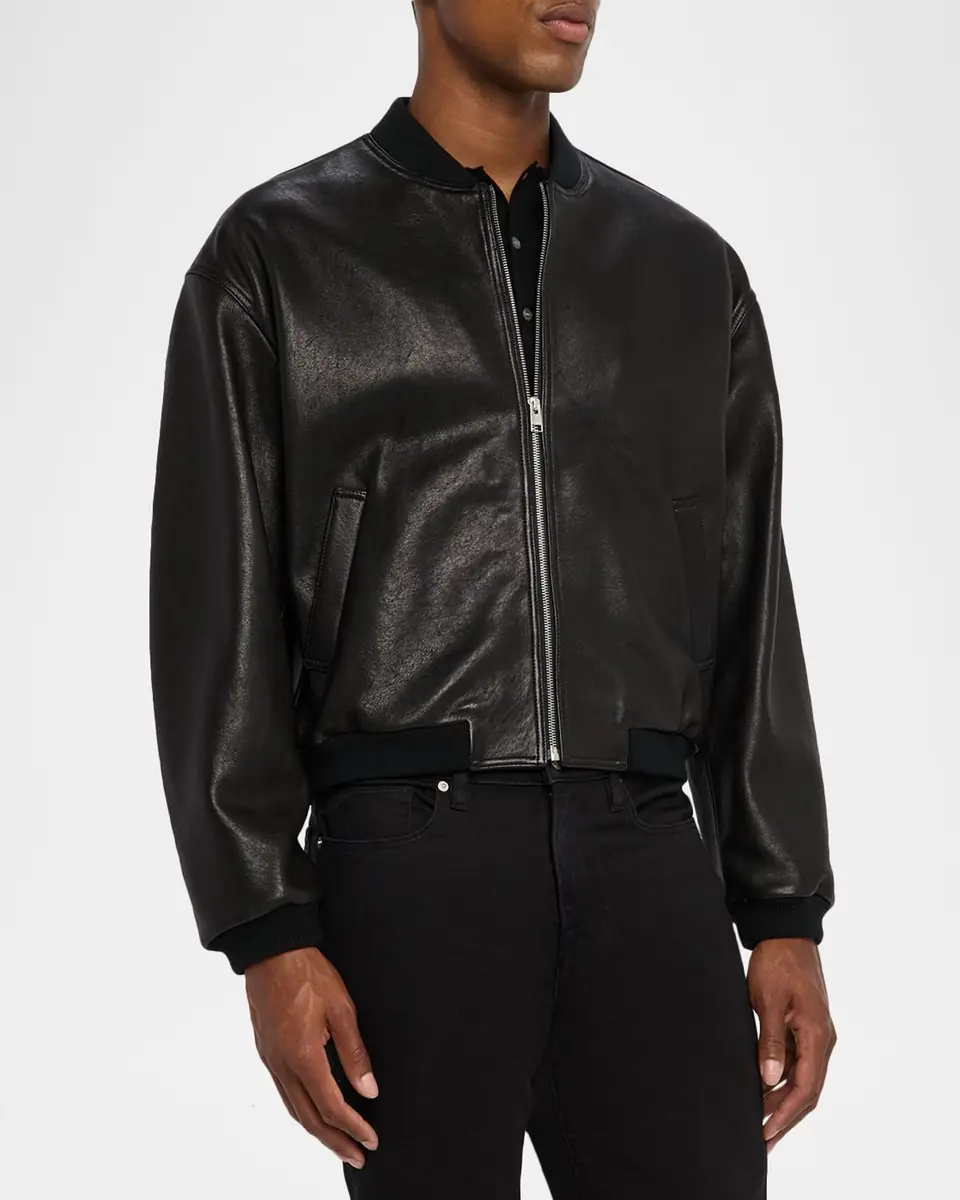 FRAME Men's Leather Full-Zip Bomber Jacket | Thumbnail 3