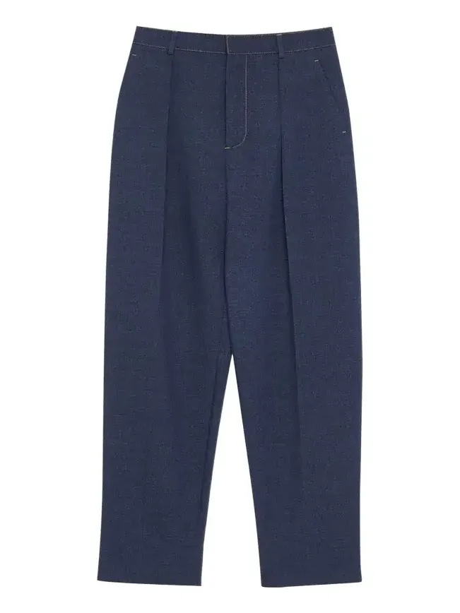 Melange Wool Drill Pleated Tapered-Leg Trousers