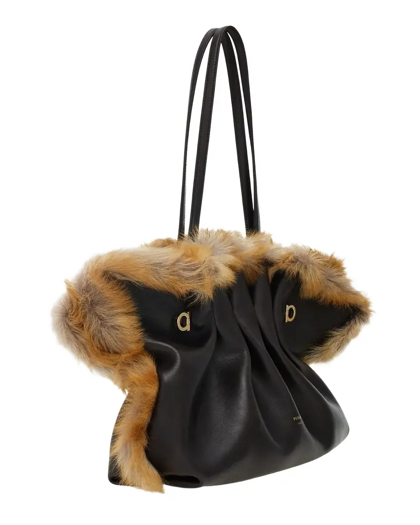 Ferragamo Pinch Soft Shearling-Trim Leather Shoulder Bag | Image 1 Ferragamo Pinch Soft Shearling-Trim Leather Shoulder Bag | Image 1