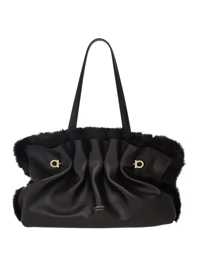 Medium Gancio Piercing Shoulder Bag with Fur Trim Medium Gancio Piercing Shoulder Bag with Fur Trim