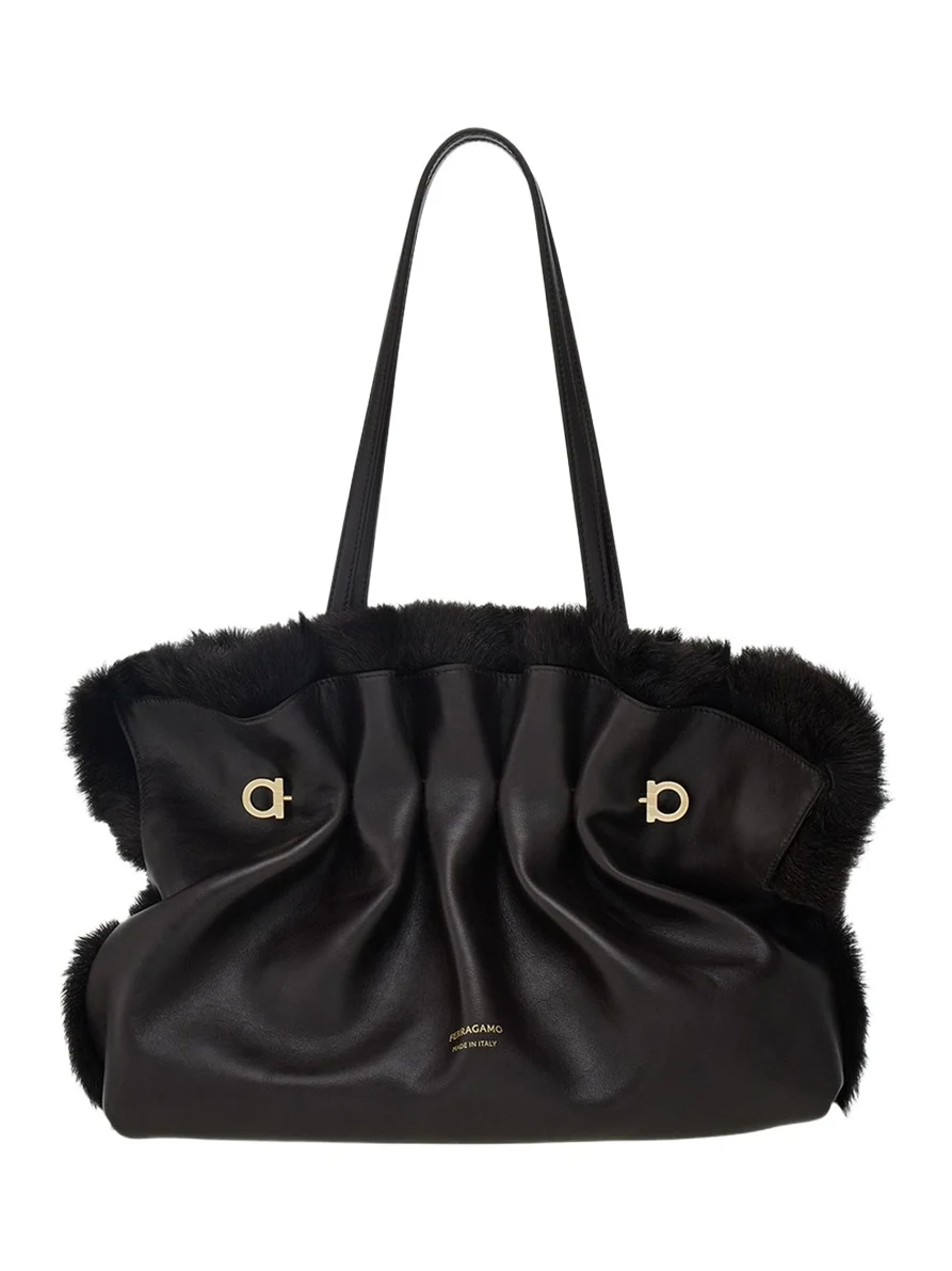 Ferragamo Medium Gancio Piercing Shoulder Bag with Fur Trim