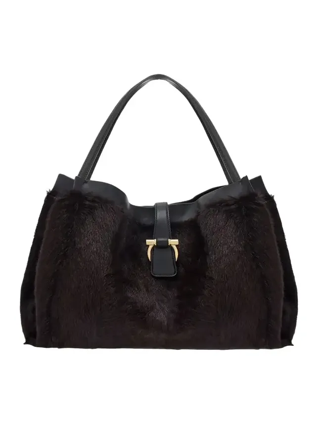 Large Mink-Effect Fur & Leather Tote Bag