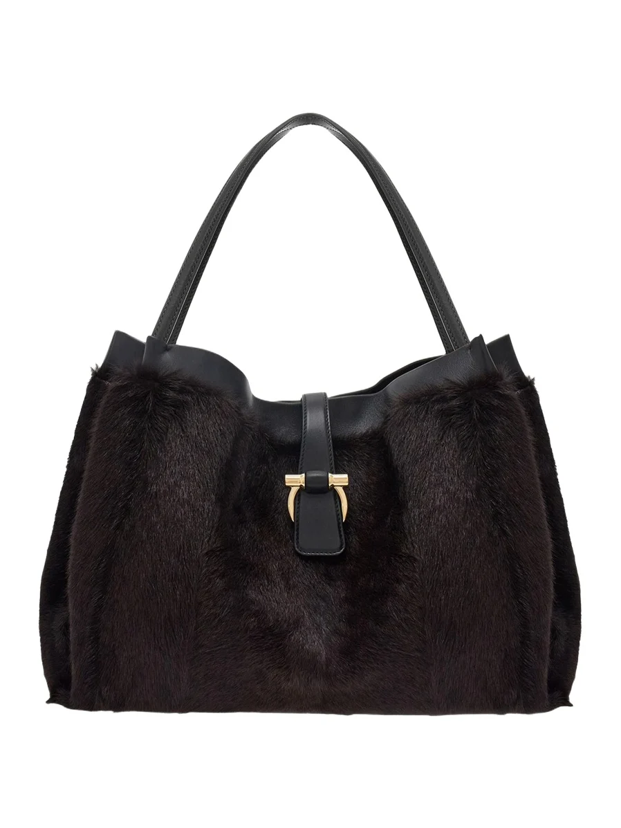 Large Mink-Effect Fur & Leather Tote Bag