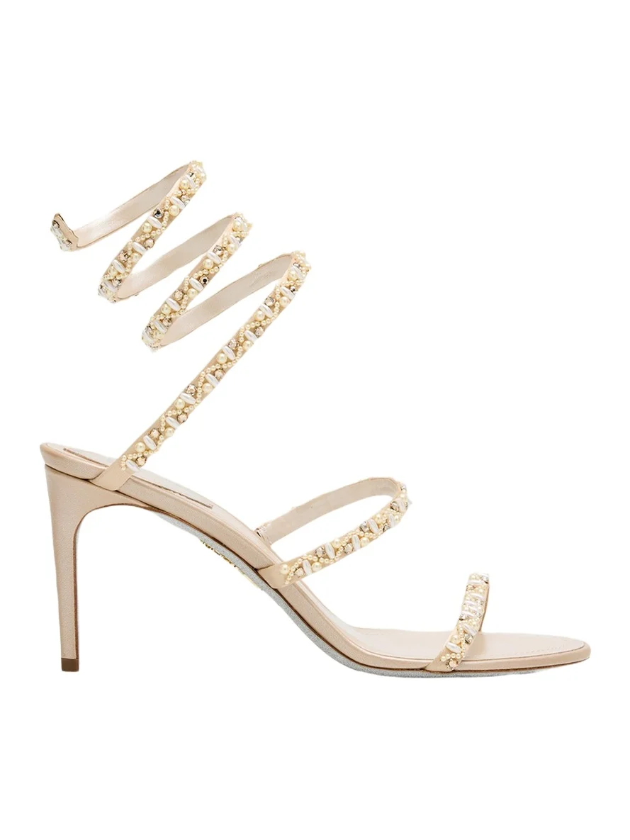 Cleo Pearly Crystal Snake-Wrap Sandals