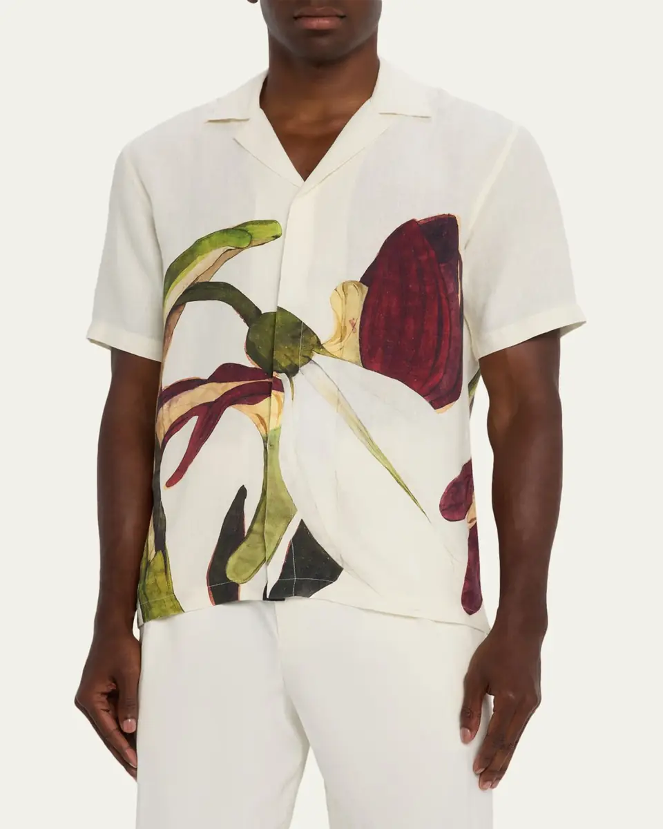 Orlebar Brown Men's Maitan Linen Orchid-Print Camp Shirt | Thumbnail 4 Orlebar Brown Men's Maitan Linen Orchid-Print Camp Shirt | Thumbnail 4