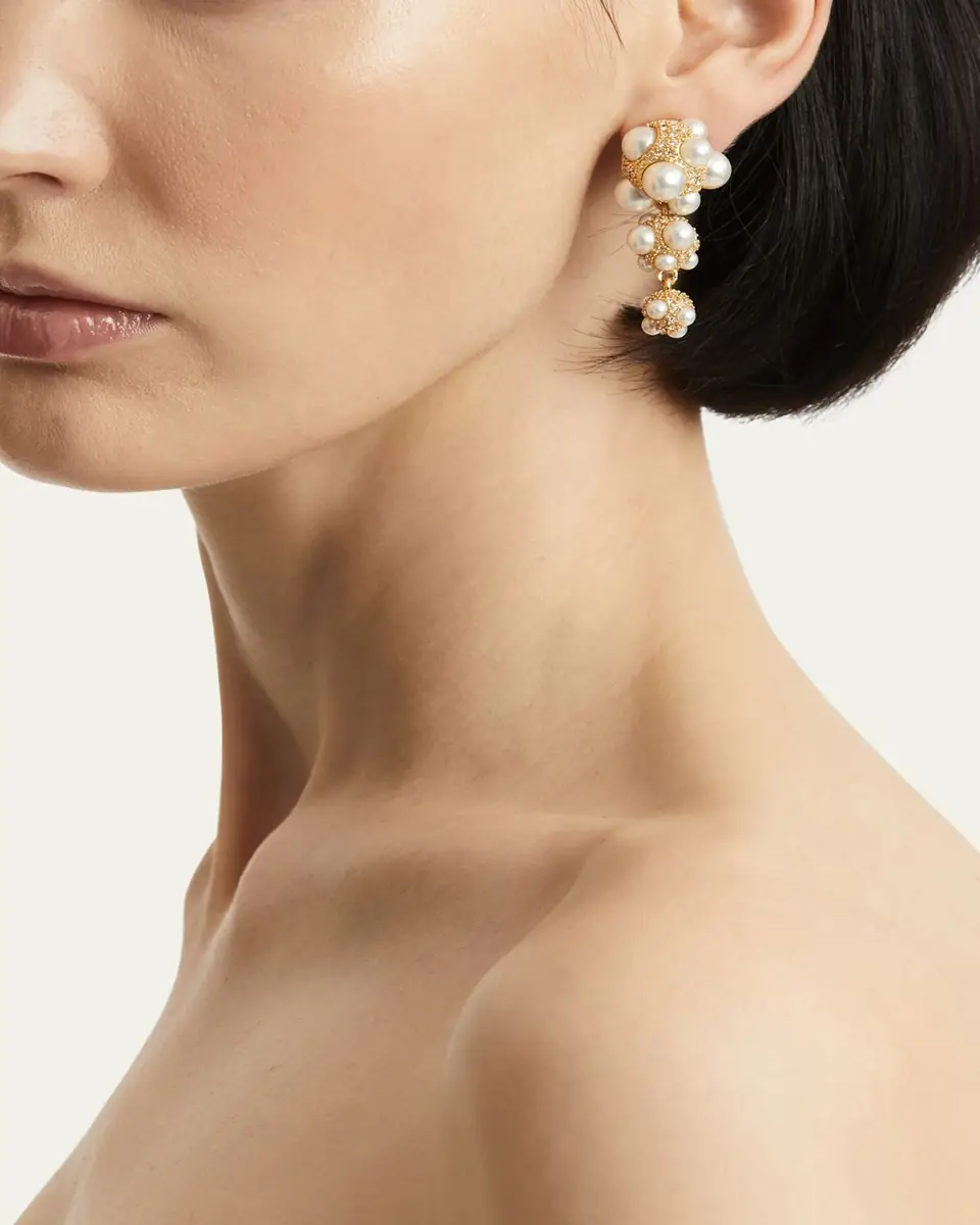 Oscar de la Renta Pearl Pave Cluster Triple Drop Earrings | Thumbnail 2 Oscar de la Renta Pearl Pave Cluster Triple Drop Earrings | Thumbnail 2