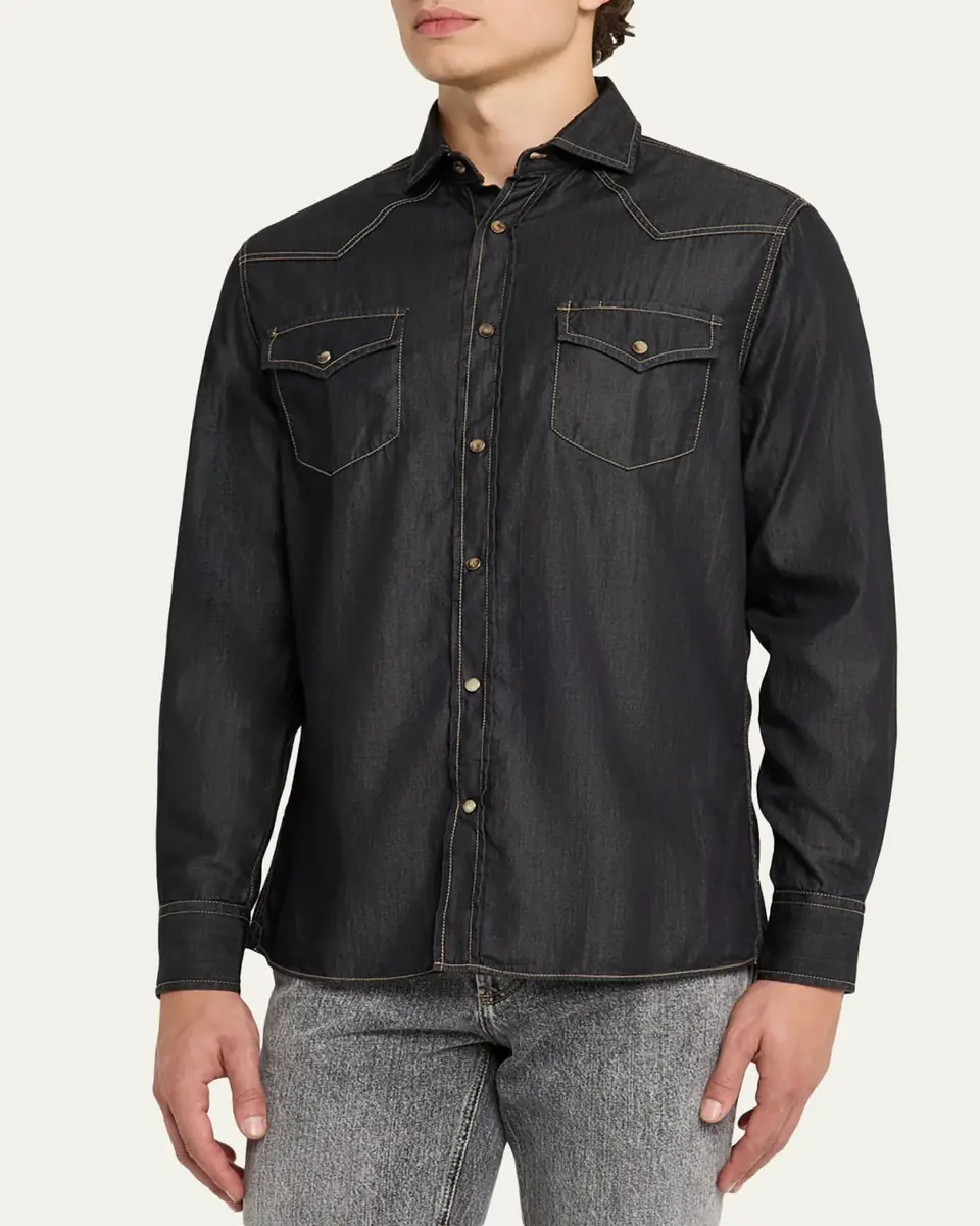 Brunello Cucinelli Mens Lightweight Denim Western Shirt | Thumbnail 4 Brunello Cucinelli Mens Lightweight Denim Western Shirt | Thumbnail 4