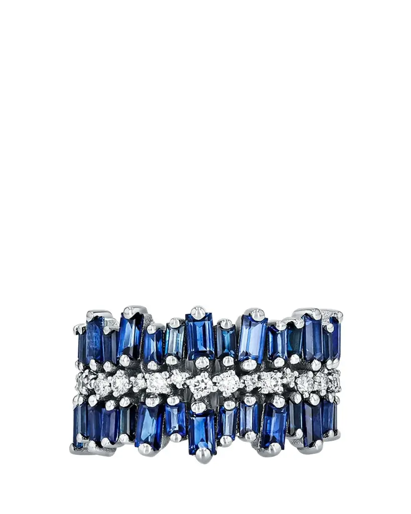 Suzanne Kalan 18K White Gold Double Row Halfway Band with Blue Sapphire Baguettes and White Diamonds | Image 1 Suzanne Kalan 18K White Gold Double Row Halfway Band with Blue Sapphire Baguettes and White Diamonds | Image 1