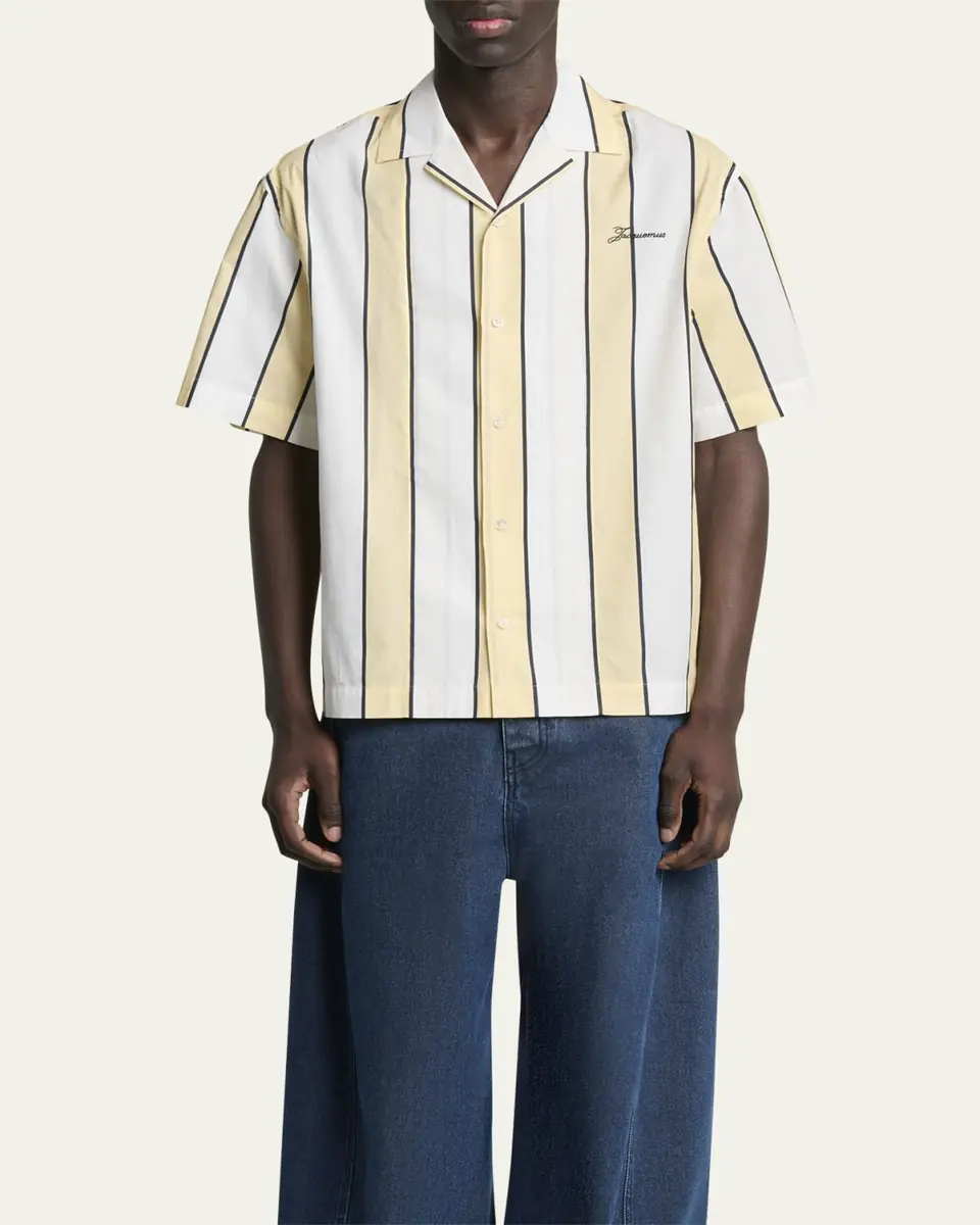 Jacquemus Men's Cotton Stripe Logo Camp Shirt | Thumbnail 4 Jacquemus Men's Cotton Stripe Logo Camp Shirt | Thumbnail 4