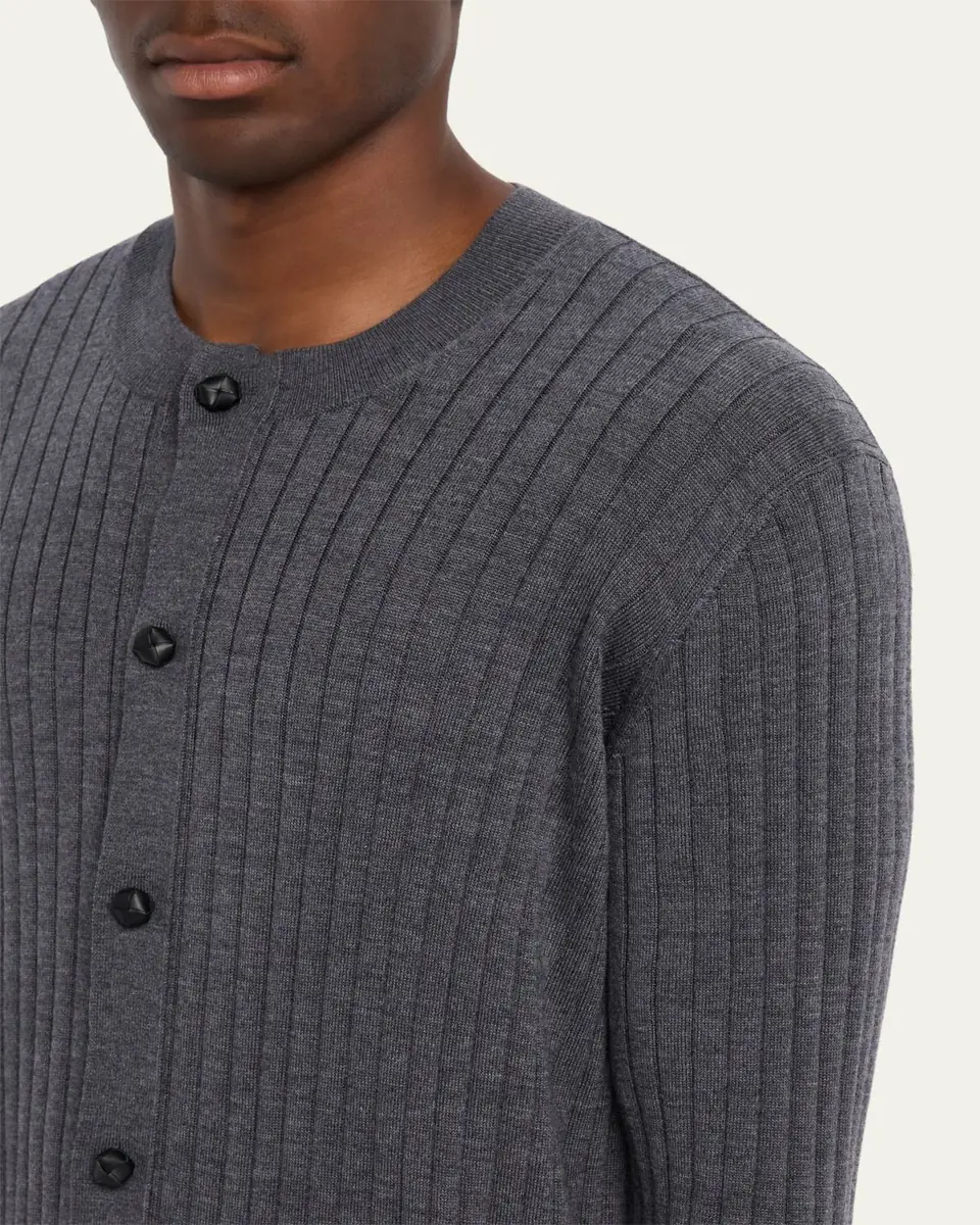 Bottega Veneta Men's Ribbed Wool Cardigan with Leather Buttons | Thumbnail 14 Bottega Veneta Men's Ribbed Wool Cardigan with Leather Buttons | Thumbnail 14