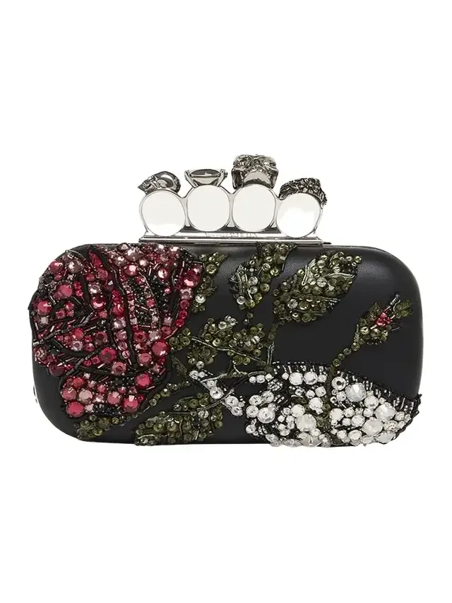 Bead & Crystal Flower Skull Four Ring Clutch Bag