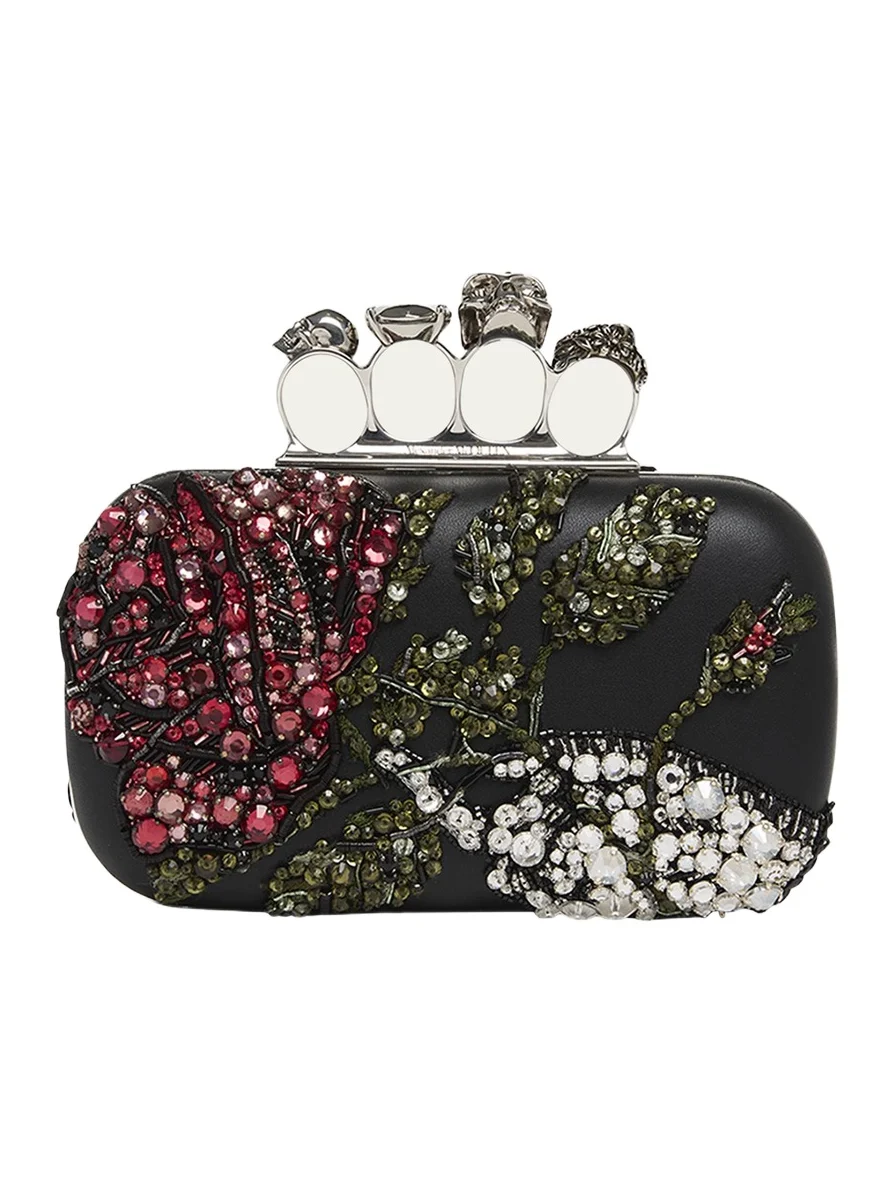 Bead & Crystal Flower Skull Four Ring Clutch Bag