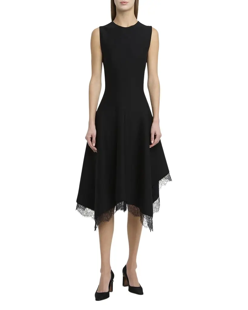 McQueen Asymmetric Lace Hem Sleeveless Midi Dress | Image 1 McQueen Asymmetric Lace Hem Sleeveless Midi Dress | Image 1