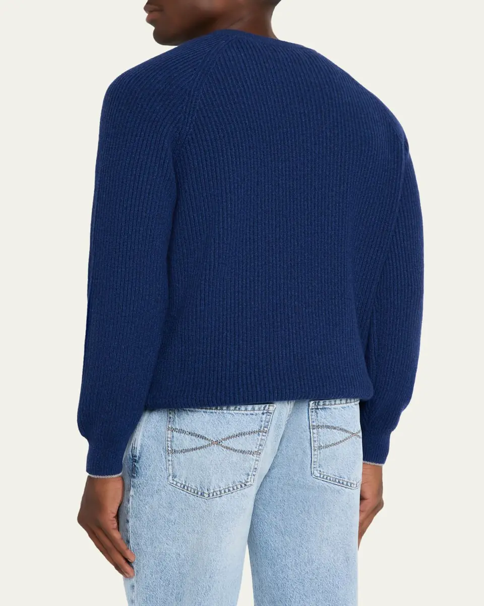 Brunello Cucinelli Men's Cashmere English Rib Crewneck Sweater | Thumbnail 7