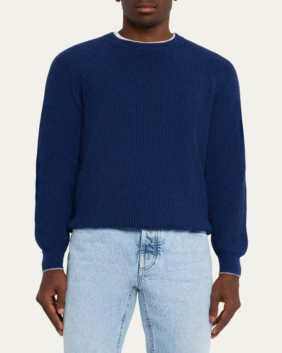 Brunello Cucinelli Men's Cashmere English Rib Crewneck Sweater | Thumbnail 8