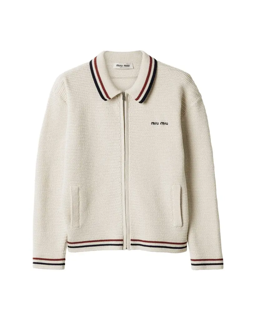 Miu Miu Striped-Trim Cotton Crochet Zip Cardigan | Image 1 Miu Miu Striped-Trim Cotton Crochet Zip Cardigan | Image 1
