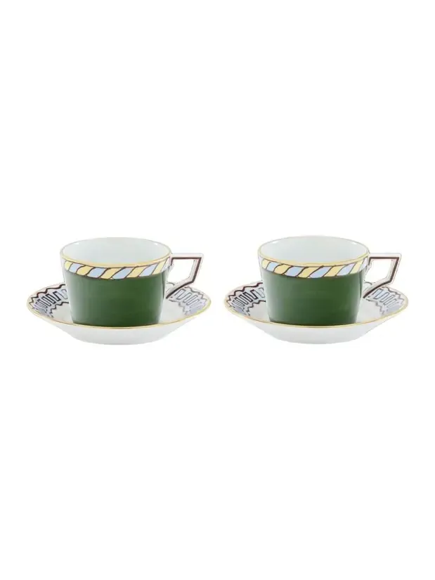 GINORI 1735 Il Viaggio di Nettuno Luna 7.4 oz. Teacups & Saucers, Set of 2