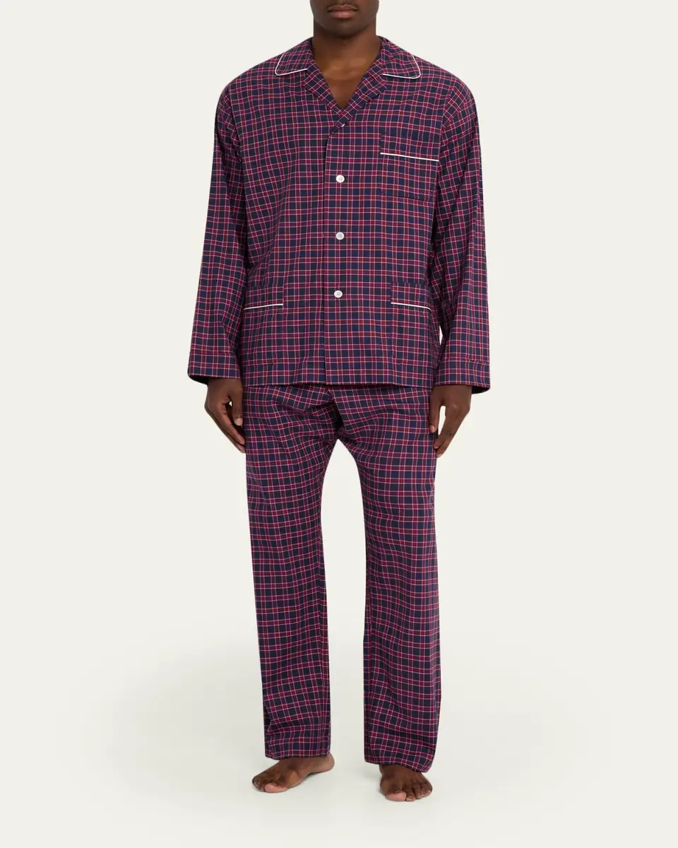 Emanuele Maffeis Men's Plaid Flannel Long Pajama Set with Piping | Thumbnail 5