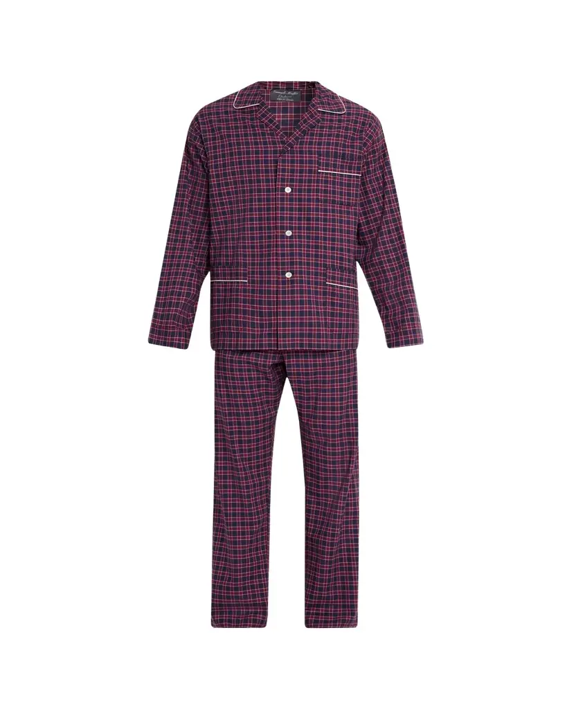 Emanuele Maffeis Men's Plaid Flannel Long Pajama Set with Piping
