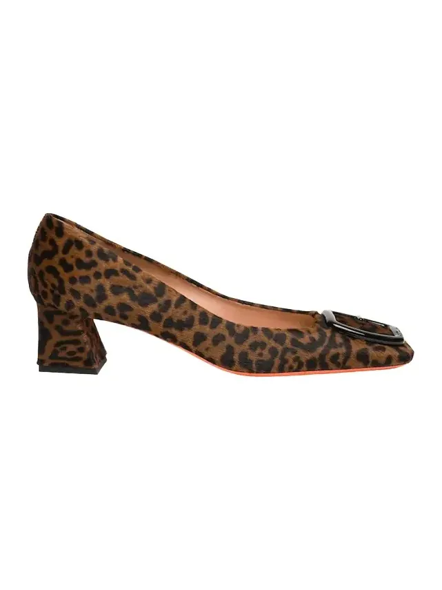 Leopard Block Heel Buckle Pumps