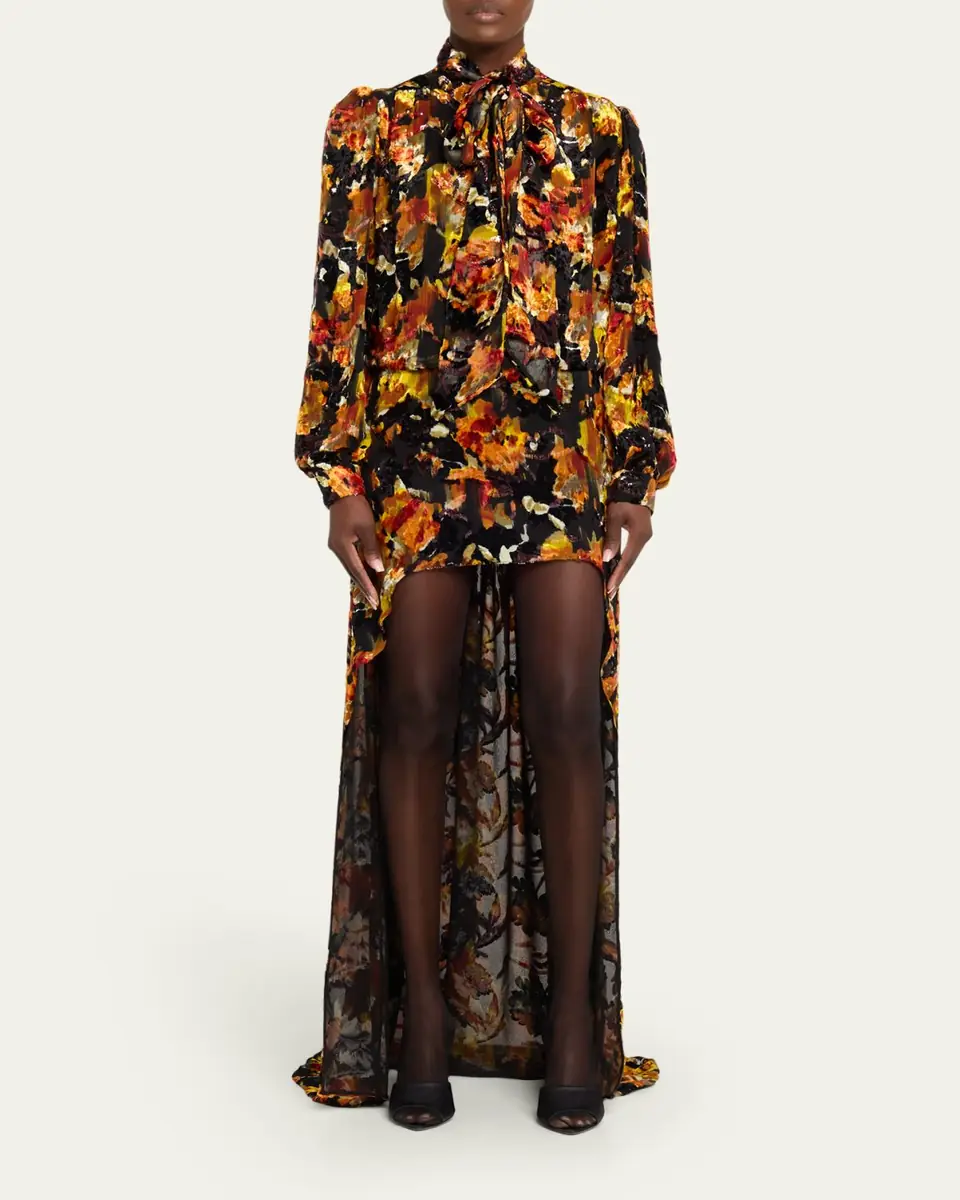 Saint Laurent Floral Velvet Long-Sleeve High-Low Dress | Thumbnail 2