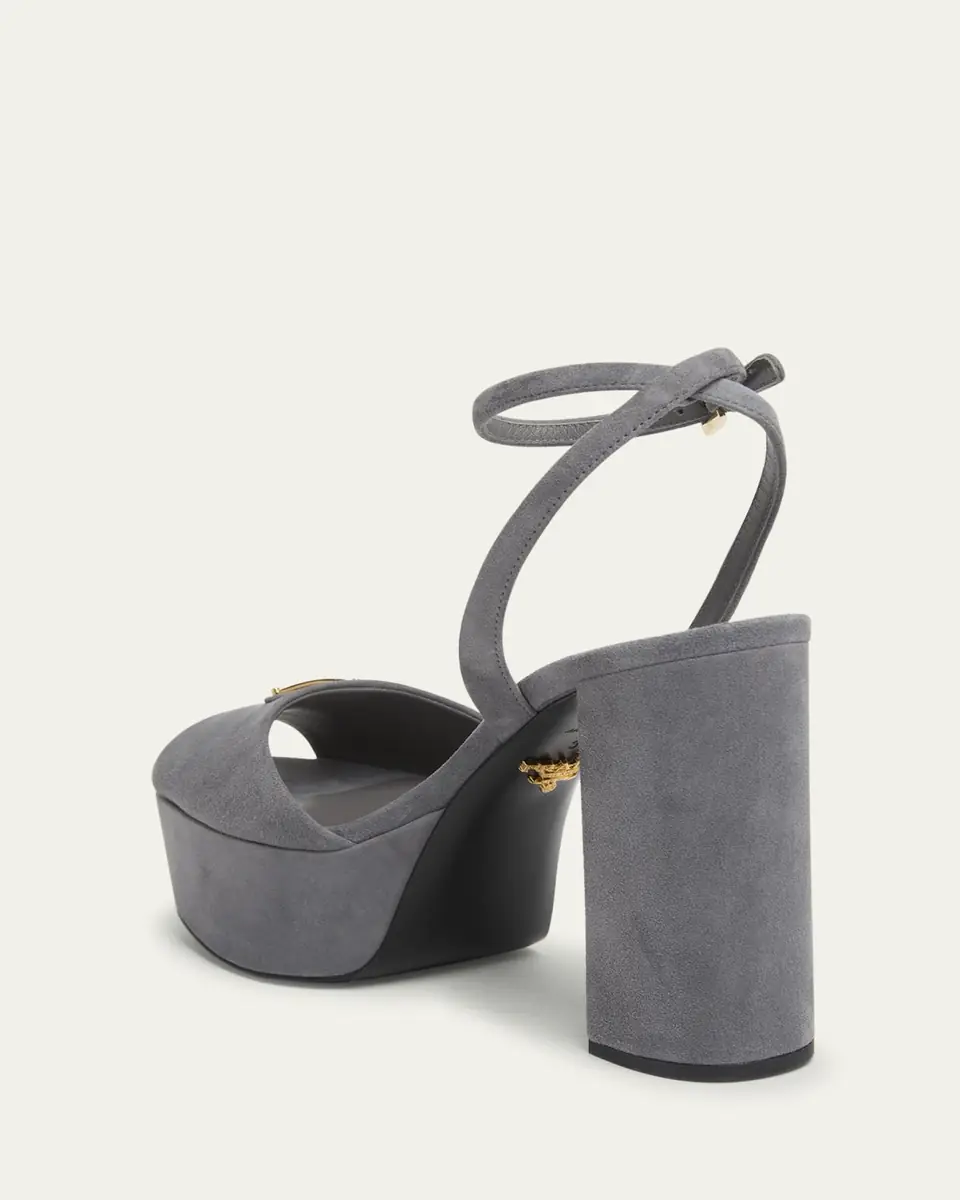 Prada Triangle Logo Suede Ankle-Strap Platform Sandals | Thumbnail 2 Prada Triangle Logo Suede Ankle-Strap Platform Sandals | Thumbnail 2